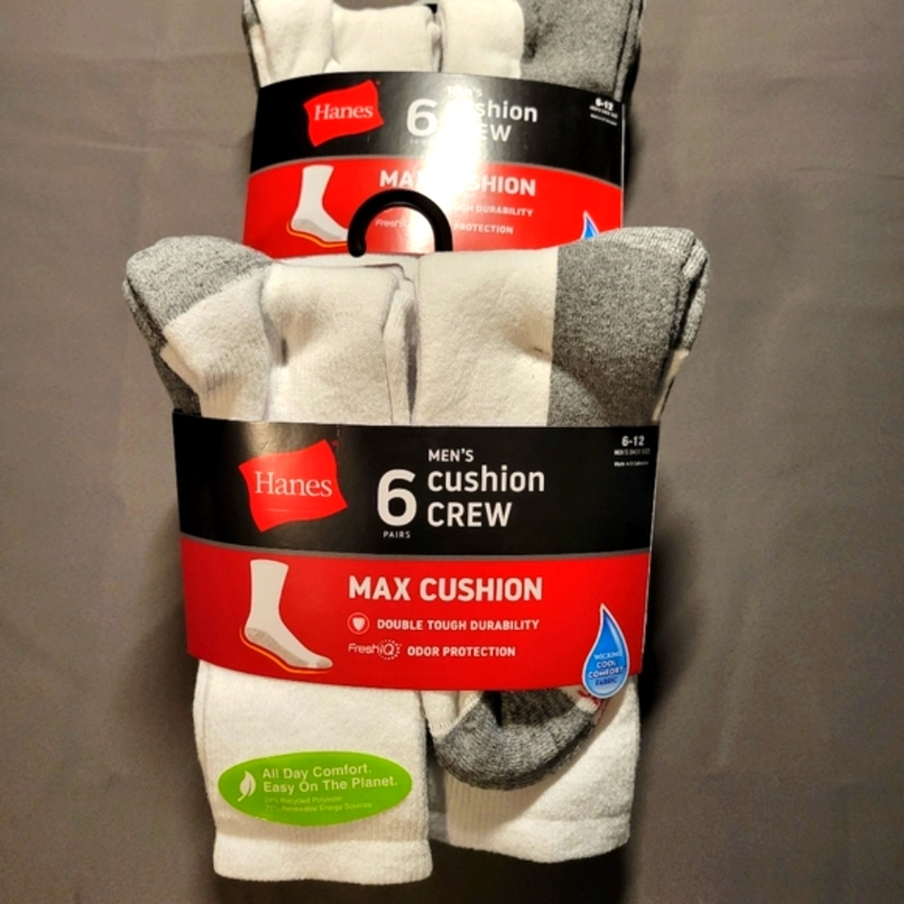 NWT Hanes Men's Cushion Crew Socks - White and Gray - Picture 2 of 6